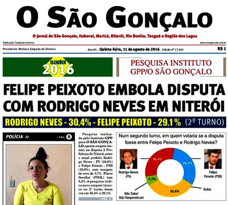 Manchete do jornal O São Gonçalo mostra candidatos à prefeito de Niterói empatados tecnicamente em pesquisa eleitoral